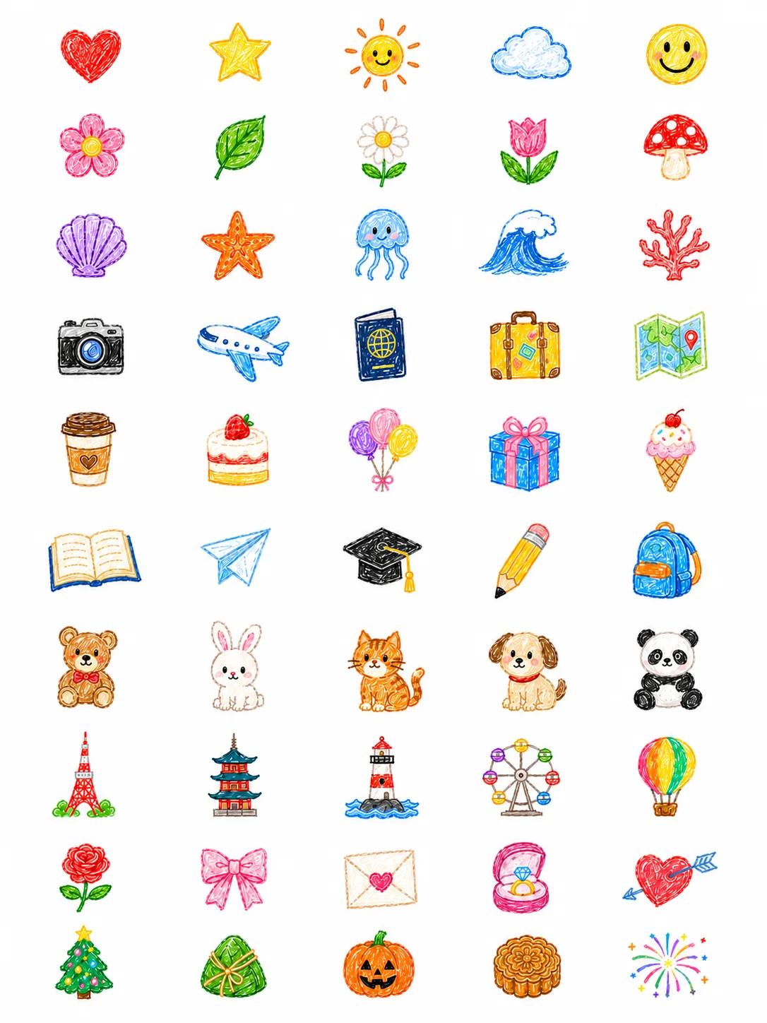 Hand-drawn fifty icon grid benchmark source