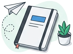 Notebook, paper plane and plant illustration